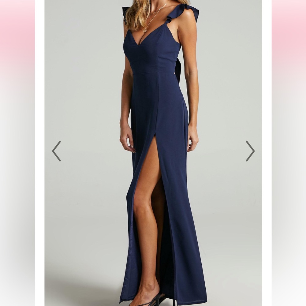 SHOWPO MORE THAN THIS RUFFLE STRAP MAXI DRESS IN NAVY